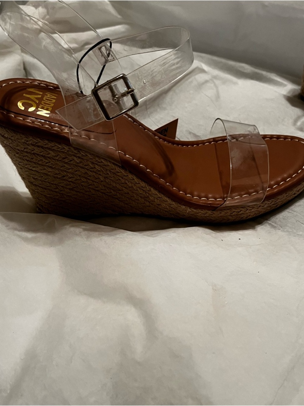 MADDEN NYC ~CLEAR LUCITE ESPADRILLE WEDGE SANDALS~SIZE 9 - Picture 2 of 8